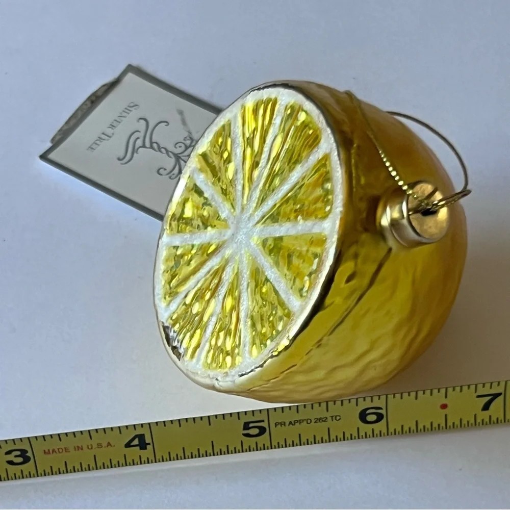SILVER TREE HALF LEMON GLASS CHRISTMAS ORNAMENT YELLOW 3” NWT